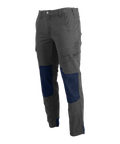 Gray cargo pants with blue patches on a white background