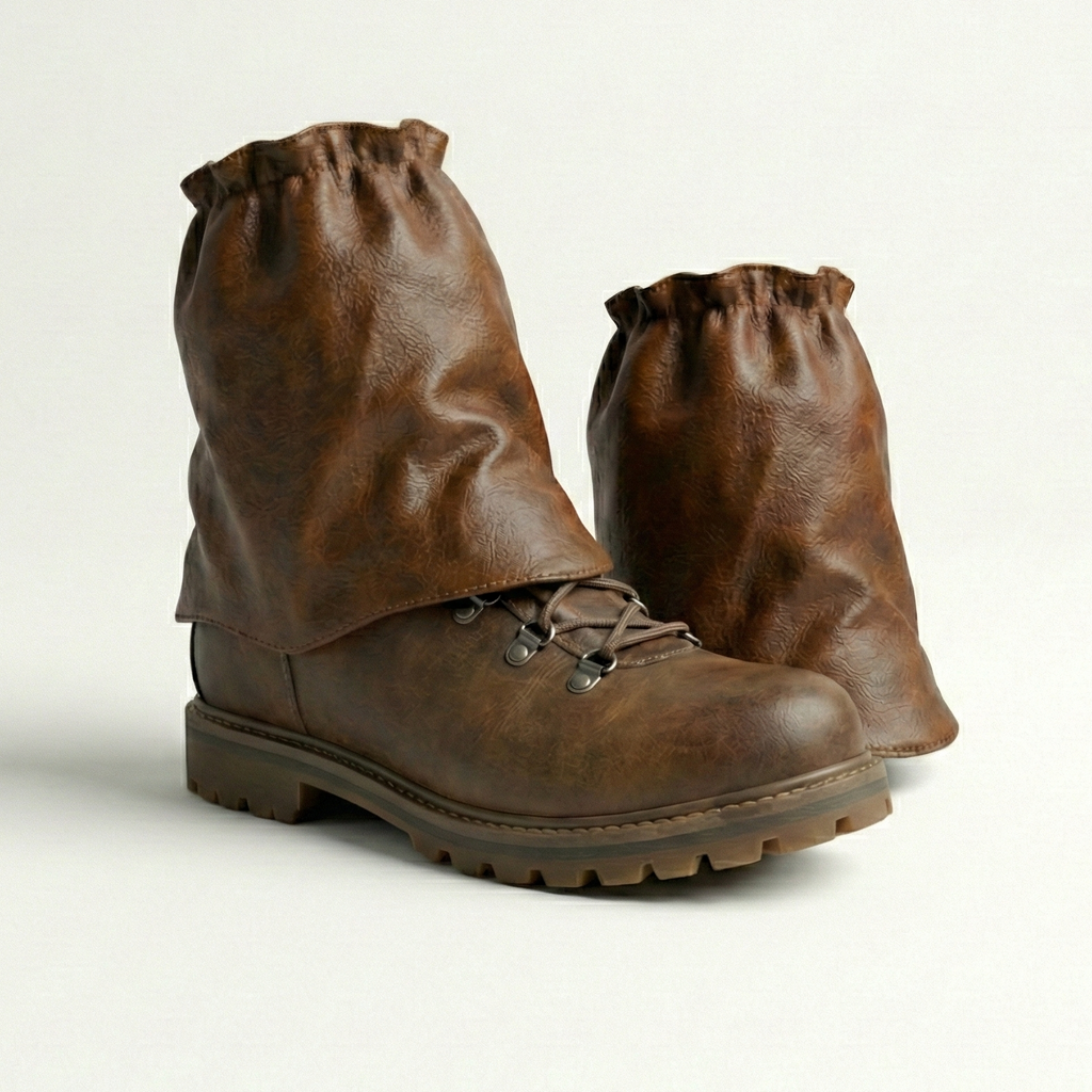 Brown leather boots with gaiters on a white background