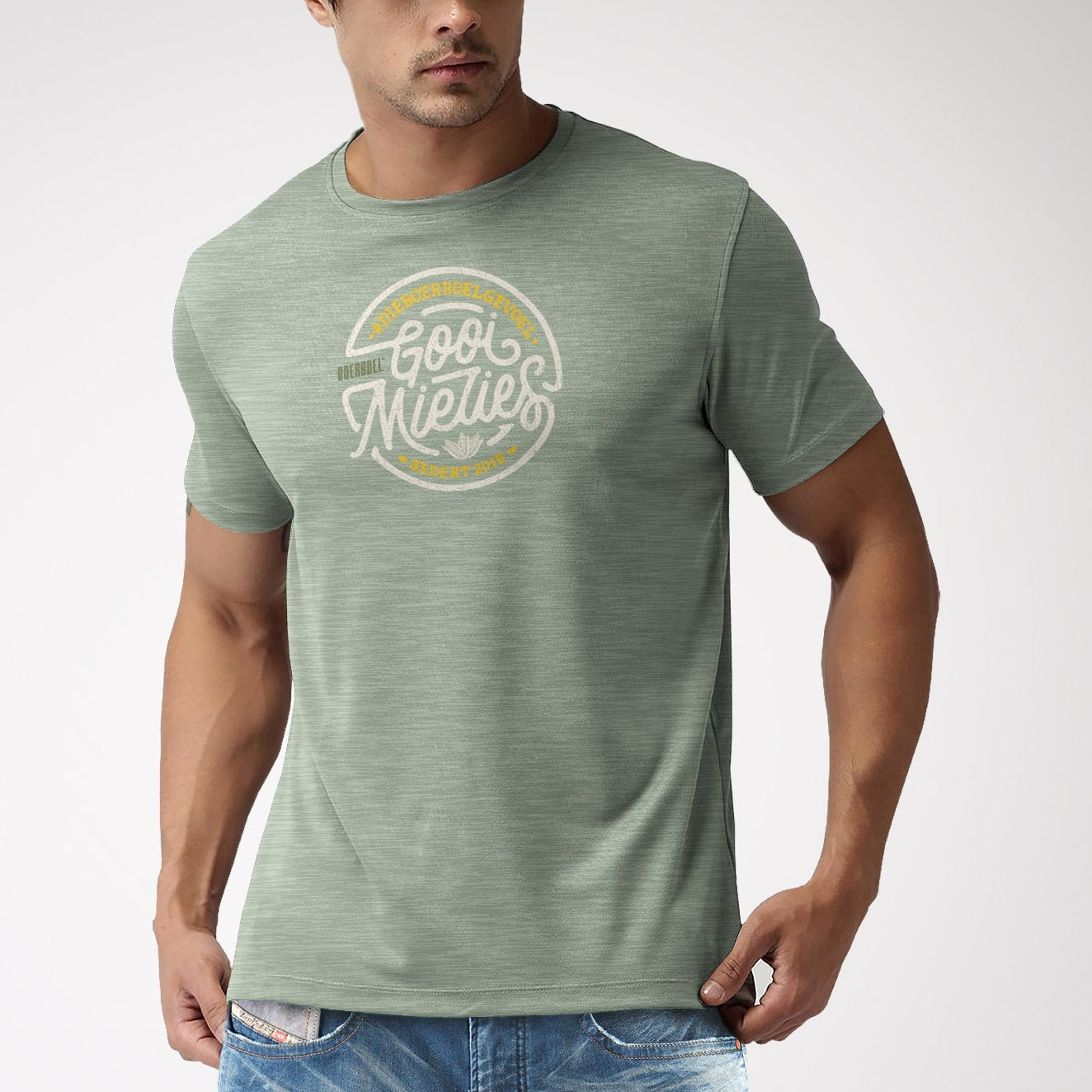 Premium T-Shirt Printed – Green Melange “Mielies”
