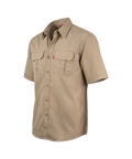 Beige short-sleeve shirt with button details on a white background