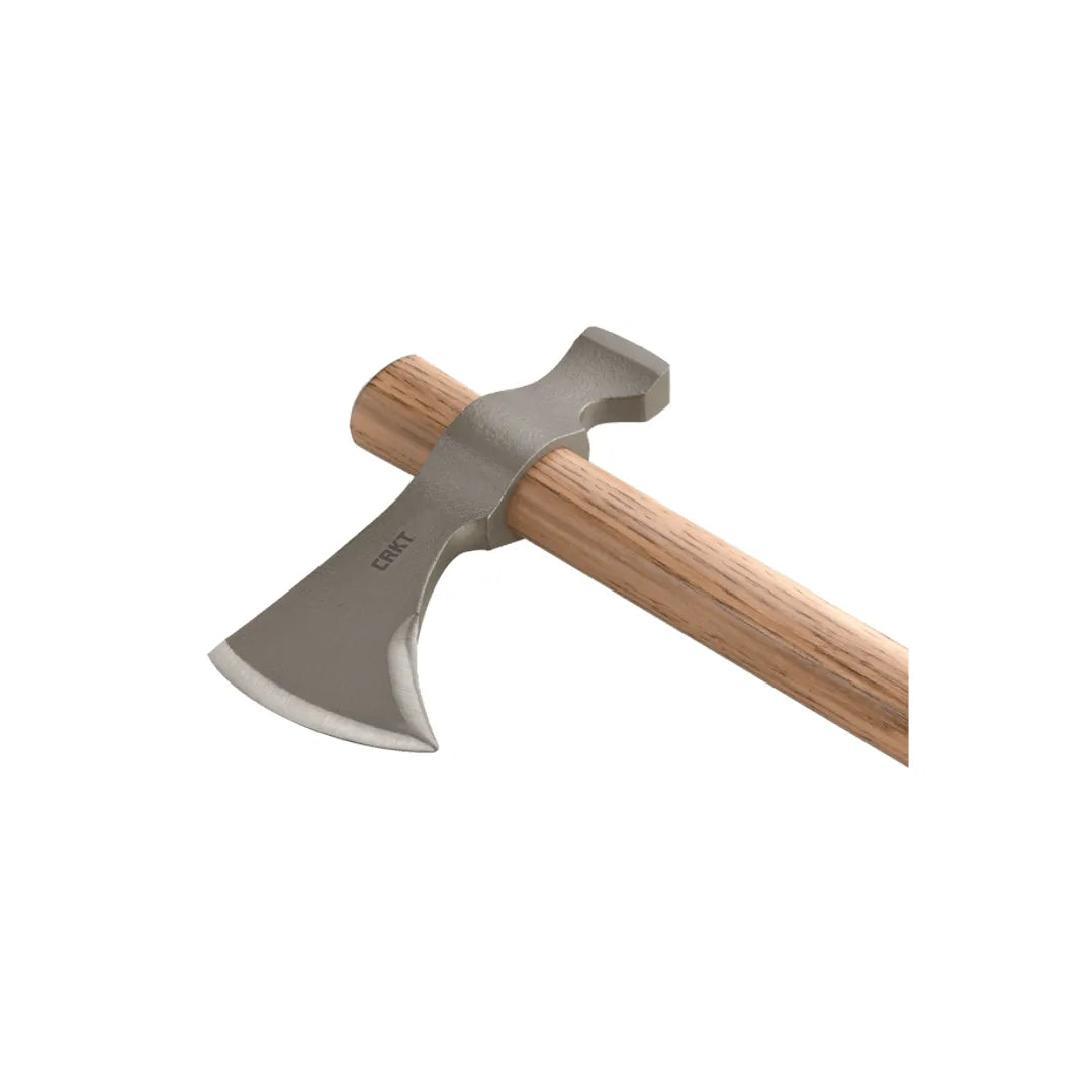 Wooden-handled axe with metal head on a white background