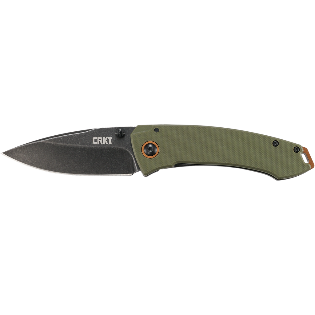 Folding knife with green handle and black blade on a white background