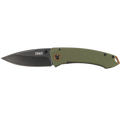 Folding knife with green handle and black blade on a white background