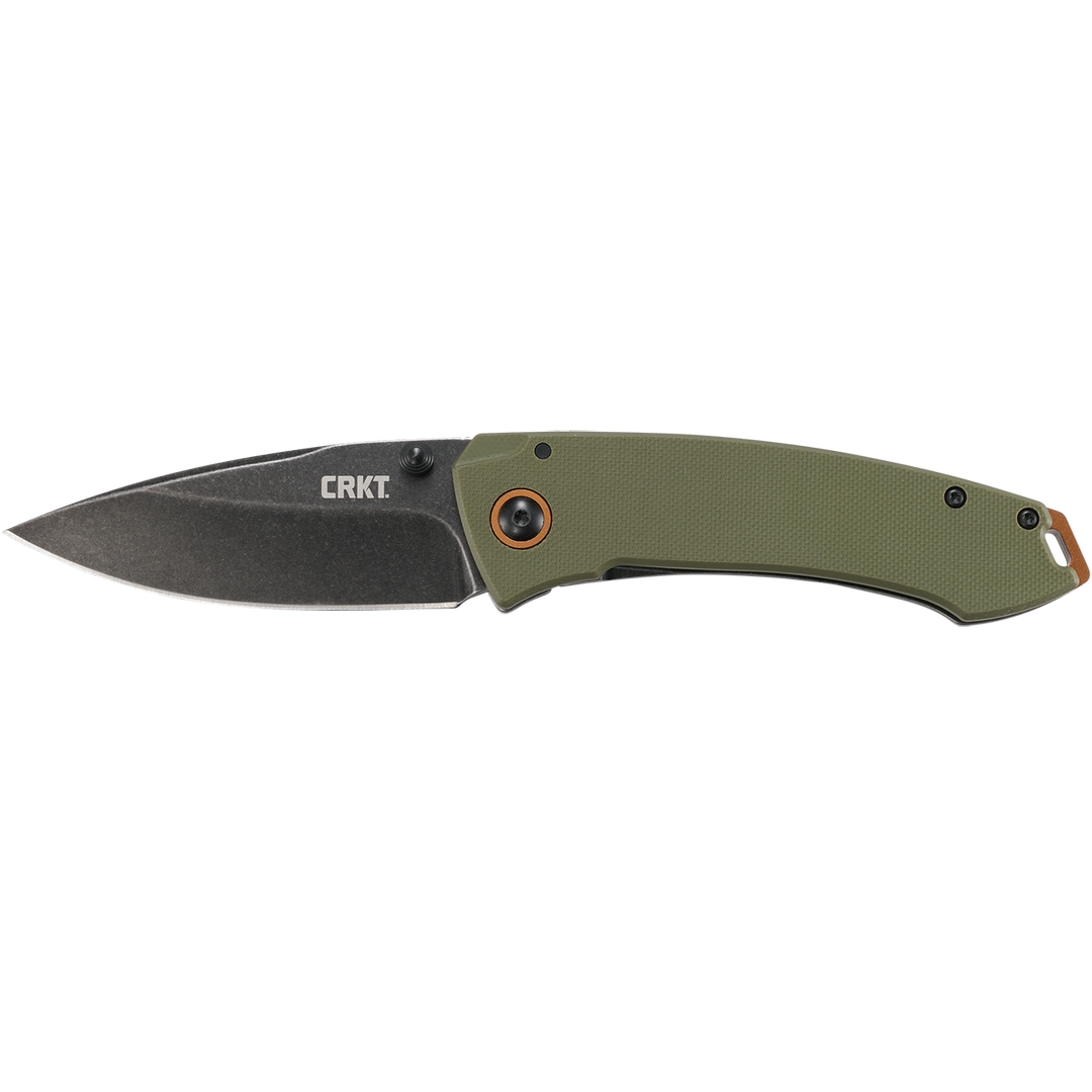 Folding knife with green handle and black blade on a white background