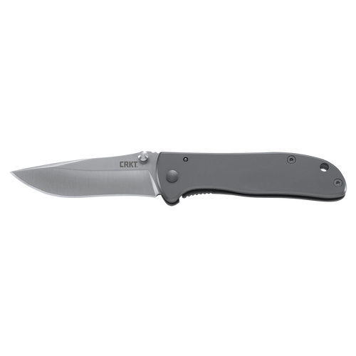 Folding knife with a gray handle and blade on a white background