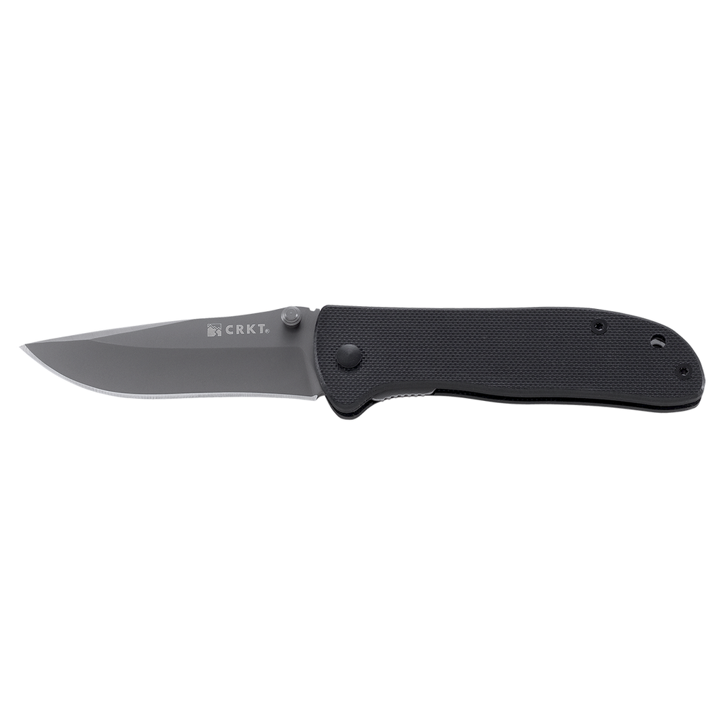 Folding knife with black handle and silver blade on a white background