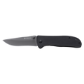 Folding knife with black handle and silver blade on a white background