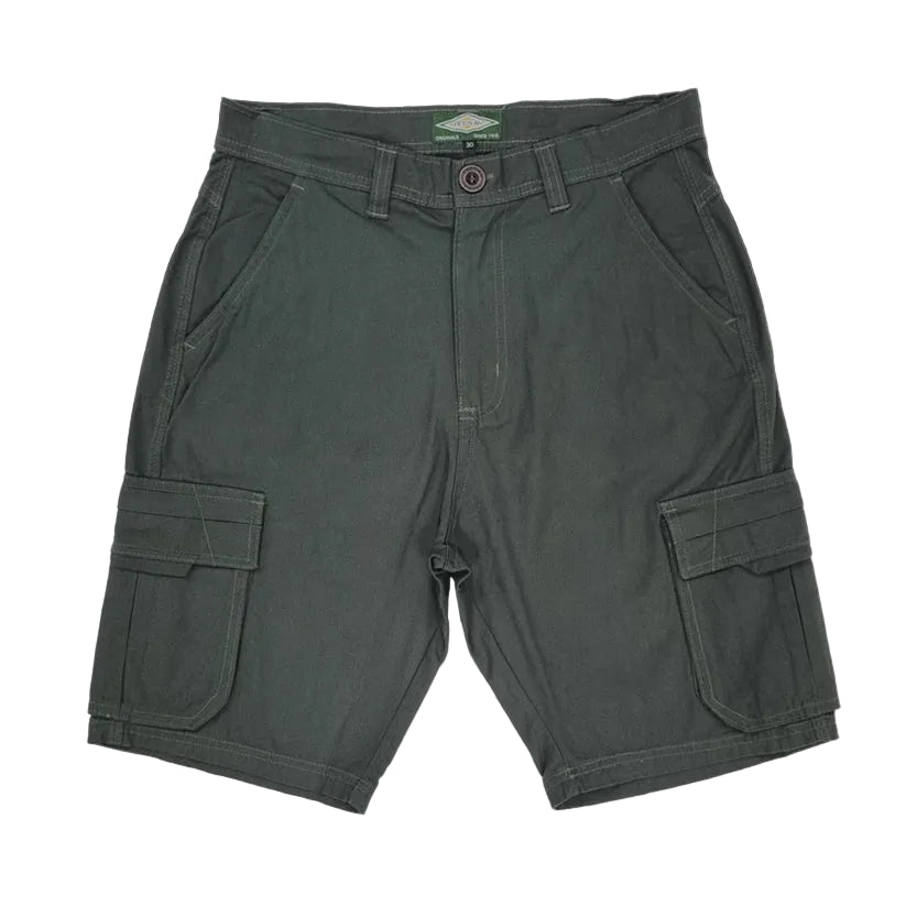 Dark green cargo shorts on a white background