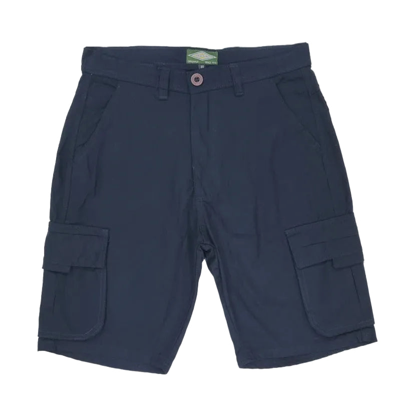 Navy cargo shorts with multiple pockets on a white background