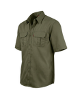 Green short-sleeve shirt with two front pockets on a white background