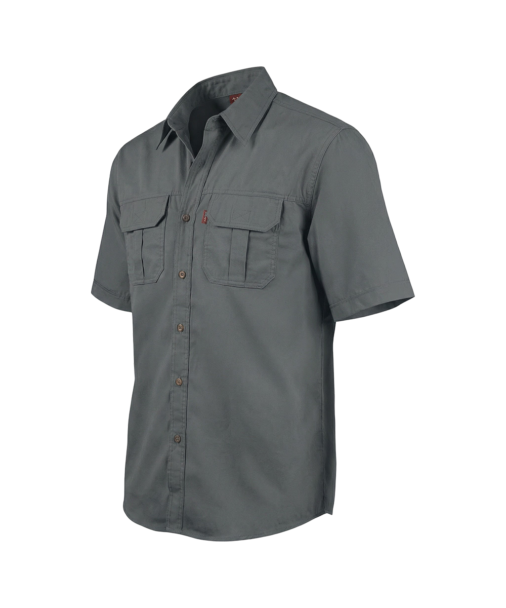 Gray short-sleeve shirt with two front pockets on a white background