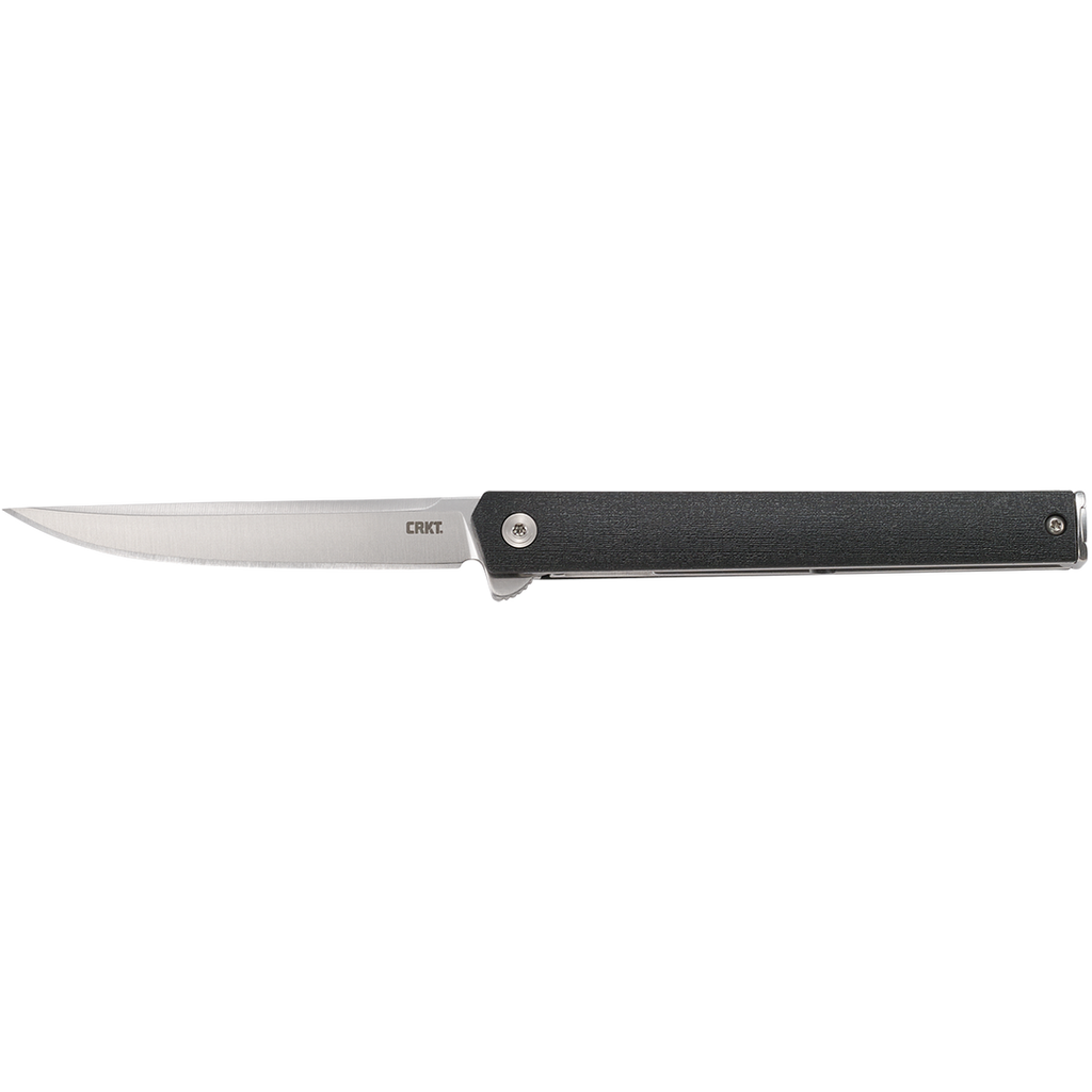 Knife with a black handle and silver blade on a white background