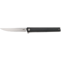 Knife with a black handle and silver blade on a white background