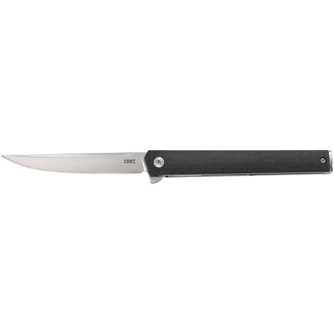 Knife with a black handle and silver blade on a white background