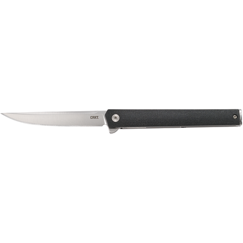 Knife with a black handle and silver blade on a white background