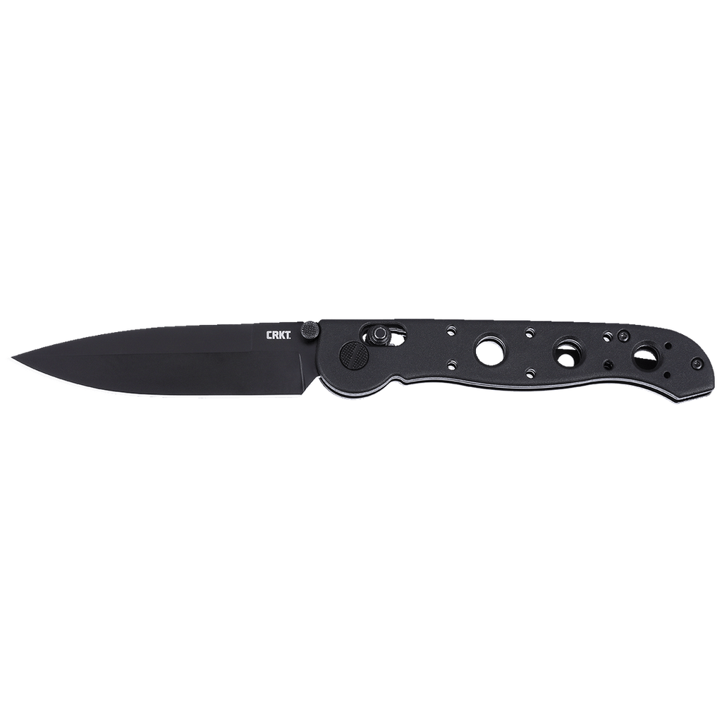 Black folding knife with a white background