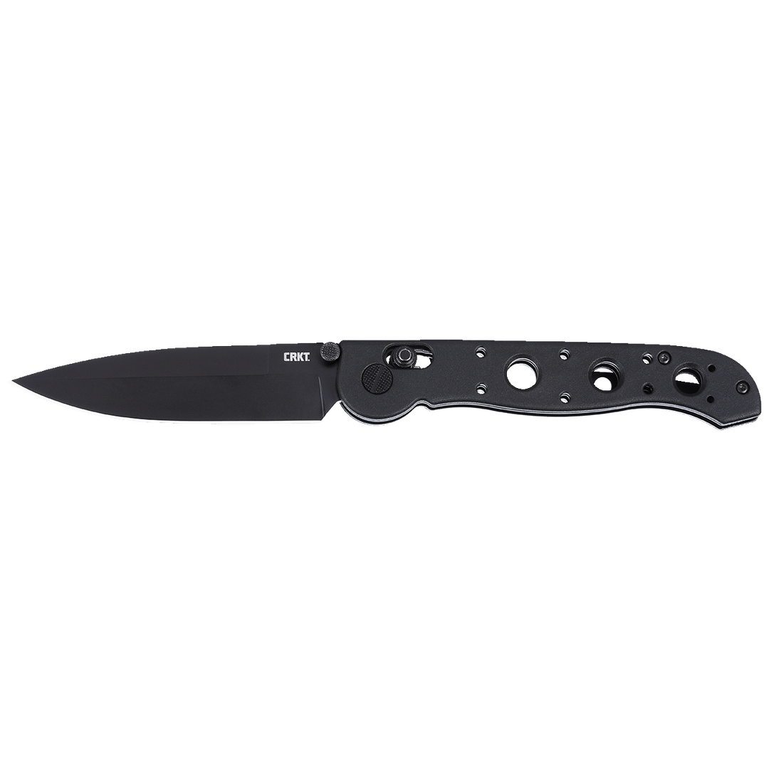 Black folding knife with a white background