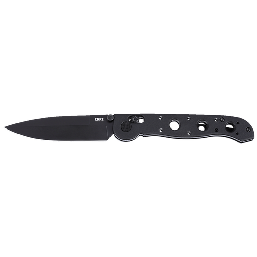 Black folding knife with a white background